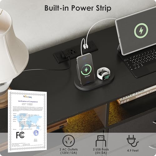 OtterOasis Dresser for Bedroom with LED Lights and Charging Station, Fabric Black Bedroom Dresser 6 Long Drawers Dressers, Tall Wide Chest of Drawers TV Stand OtterOasis