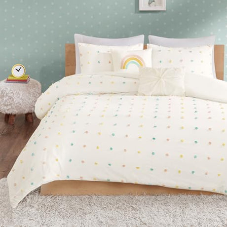 Intelligent Design Callie Girls Full/Queen Comforter Set, Ivory 5-Piece Kids Bedding, 100% Cotton Tufted Pom Pom Tufted Jacquard, All Season Down Alternative, Cozy Shabby Chic Bedroom Décor Intelligent Design