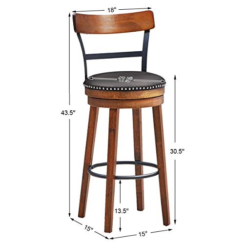 COSTWAY Bar Stools Set of 4, 360-Degree Swivel Stools with Leather Padded Seat, Single Slat Ladder Back & Solid Rubber Wood Legs, Bar Height Stools for Pub, Restaurant, Kitchen, Brown (4, 30.5) COSTWAY