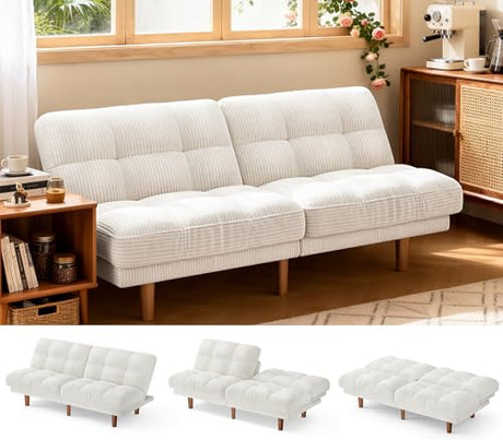 AMADA HOMEFURNISHING 65" Futon Sofa Bed, Convertible Futon Couch with Adjustable Backrest, Ergonomic Recliner Sleeper Sofa with Corduroy Fabric for Living Room, Office, Guest Room (White) AMADA HOMEFURNISHING