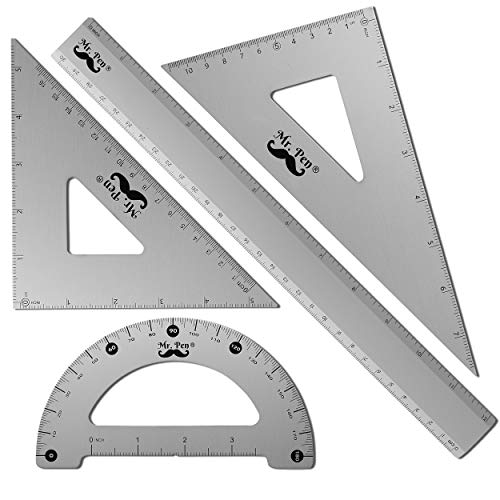 Mr. Pen– Metal Geometry Set, 4Pack, Metal Protractor, Aluminum Ruler, Metal Set Square, Triangle Ruler, Drafting Triangles, Triangle Ruler, Protractor Metal, Drafting Set, Geometry Kit, Drafting Ruler Mr. Pen