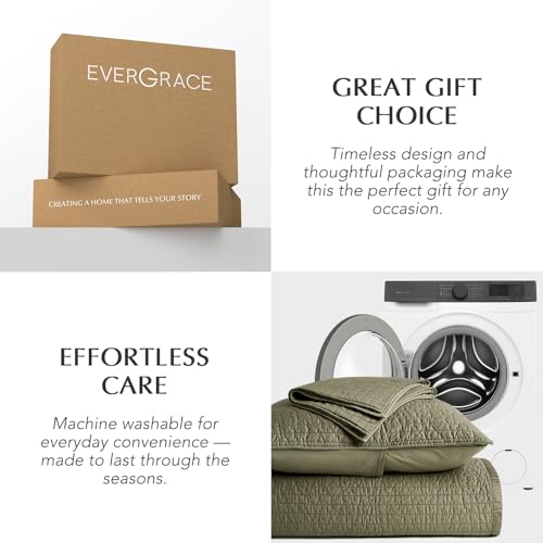 EVERGRACEHOME Cotton Sateen Quilt Set King Size, Pre-Washed Cotton Channel Stitch Coverlet Bedspread, 3 Pieces Lightweight Soft Bedding Sets for All Season, with 2 Pillow Shams, Olive Green EVERGRACEHOME