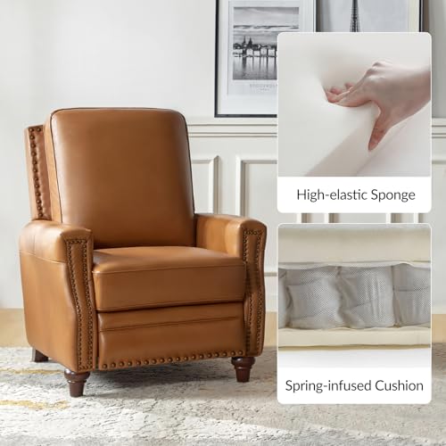 HULALA HOME Genuine Leather Manual Recliner Chair with Adjustable Backrest & Footrest, Mid Century Modern Push Back Recliner with Nailhead Trim & Wood Legs-for Living Room Home Theater, Camel