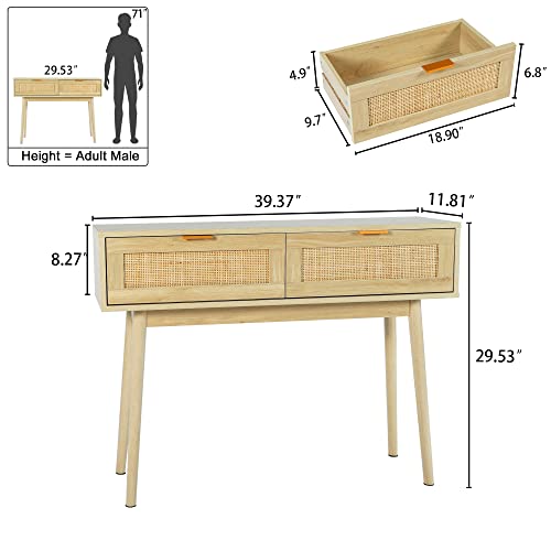 HOPUBUY Console Table Rattan Desk with Drawers, Oak Narrow Sofa Table with Pine Leg, Modern Small Entryway Table for Hallway and Living Room, 39" Rustic Natural - WoodArtSupply