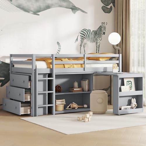 Ball & Cast Twin Loft Bed with Drawer Cabinet and Pulling -Out Desk,Rubber Wood Bed Frame w/Safety Guardrail & Ladder,Space-Saving Furniture for Girls Boys Student Dorms,Grey Ball & Cast