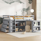 Ball & Cast Twin Loft Bed with Drawer Cabinet and Pulling -Out Desk,Rubber Wood Bed Frame w/Safety Guardrail & Ladder,Space-Saving Furniture for Girls Boys Student Dorms,Grey Ball & Cast