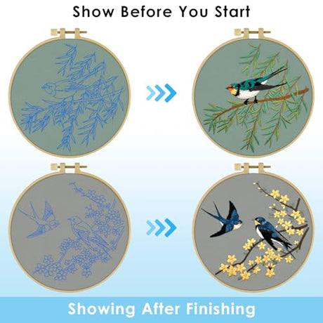 ERKOON Embroidery Kit for Beginners, 2 Set Floral Cross Stitch Set Include Embroidery Cloth Hoops Threads for Craft Lover Hand Stitch with Embroidery Skill Techniques (Hummingbird) ERKOON
