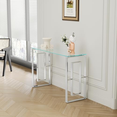 HomVent Silver Glass Console Table Narrow Sofa Table with Tempered Glass Top and Stainless Steel Legs for Entryway, Living Room (Silver) HomVent