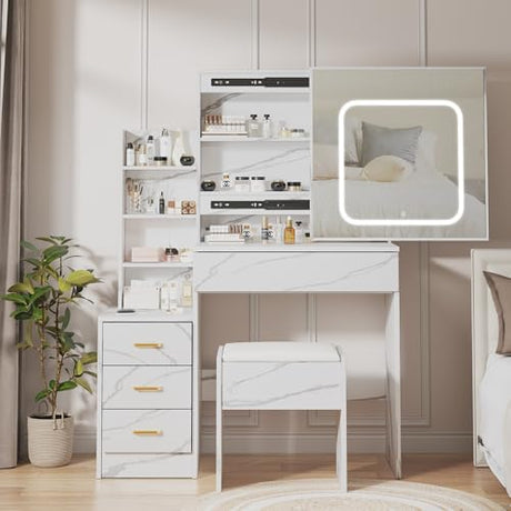 Vanity Desk With Mirror and LED Lights, Makeup Vanity Desk With Sliding Mirror, Power Outlet, 3 Color Adjustable Light, Dressing Table With 4 Drawers, Storage Shelves & Stool for Bedroom, Marble-White Patikuin