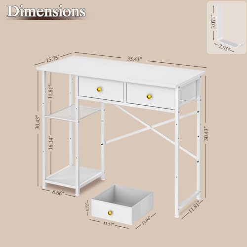 DAOUTIME White Computer Desk, 36 Inch Small Desk with Drawers, Home Office Desk with Storage Shelves for Bedroom, Living Room, Dorm, Vanity Desk for Small Spaces, White DAOUTIME