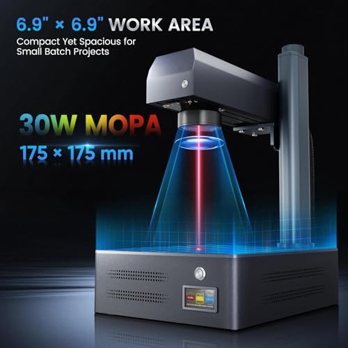Monport 30W Pro Integrated MOPA Fiber Laser Engraver, 6.9"x6.9” Working Area, LightBurn Compatible, 3D Relief Engraving Color Marking Machine with One-Touch Autofocus, JPT Laser Source Monport