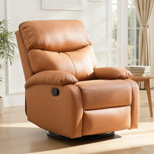 Chizzyseat Genuine Leather Rocker Recliner Modern Manual Swivel Glider Recliner with Adjustable Backrest & Footrest Wall Hugger Swivel Rocking Recliner Chair for Modern Living Room and RV Warm Brown