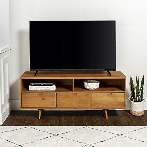 Walker Edison 3-Drawer Mid Century Modern Wood TV Stand for TV's up to 65" Flat Screen Cabinet Door Living Room Storage Entertainment Center, 58 Inch, Caramel - WoodArtSupply