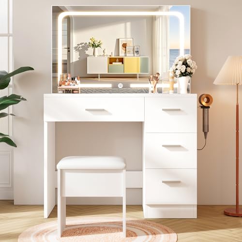 LIVELYGLOW Makeup Vanity Desk Set, White, 35.4“W x 15.7" D x 53.9" H (Large Smart LED Mirror, with Cushion Stool, Hairdryer Rack, Power-Outlet, 4 Drawers) LIVELYGLOW