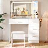 LIVELYGLOW Makeup Vanity Desk Set, White, 35.4“W x 15.7" D x 53.9" H (Large Smart LED Mirror, with Cushion Stool, Hairdryer Rack, Power-Outlet, 4 Drawers) LIVELYGLOW