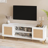 IDEALHOUSE Rattan TV Stand 66 Inch, White Entertainment Center Modern TV Console Table with Storage, Doors and Shelves, Media Cabinet Furniture for Living Room Bedroom IDEALHOUSE