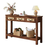 HUAHUU 47.2" Console Table with 3 Rattan Drawers, Long Sofa Table with Storage Behind Couch, Farmhouse Entryway Table with Power Outlet & Open Storage for Entrance/Hallway/Foyer/Living Room, Walnut HUAHUU