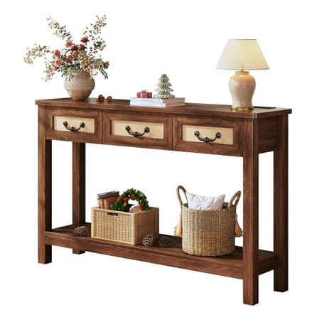 HUAHUU 47.2" Console Table with 3 Rattan Drawers, Long Sofa Table with Storage Behind Couch, Farmhouse Entryway Table with Power Outlet & Open Storage for Entrance/Hallway/Foyer/Living Room, Walnut HUAHUU