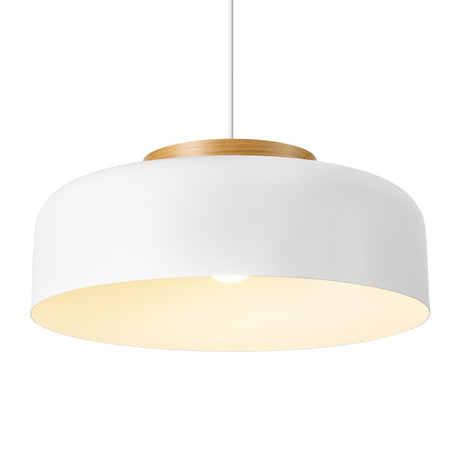 HUAWIYA Modern Pendant Lighting, 17.7 inch,Natural Wood Cap, Drum Simple Large Pendant Light Fixture Chadelier for Dining Table, Kitchen Island, Matte White HUAWIYA