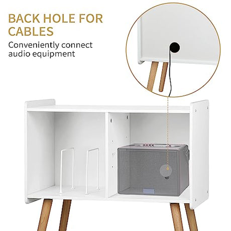 Possile Mid-Century Record Player Stand, Vinyl Record Cabinet Holder with Storage Up to 100 Albums, Record Player Table for Living Room Bedroom Office, Turntable Stand with Wood Legs, White Possile