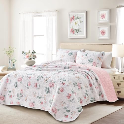 Floral Quilt Set Twin Size 68x86 with Pink Yellow Flower Soft Microfiber Lightweight Coverlet Bedspread Reversible Summer 2pc Quilted Bedding Set Bed Cover for All Season (1 Quilt+ 1 Shams) UOZZI BEDDING