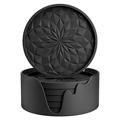ME.FAN Silicone Coasters [6 Pack] Coasters with Holder - Drinking Coasters - Cup Mat for Drinks - Live for Hot or Cold Drink Thickened, Non-Slip, Non-stick, Deep Tray Black ME.FAN