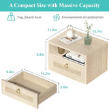 IGERI Floating Nightstand with Drawer for Wall Mounted Hanging Rattan Night Stand Bed Side Tables Wooden End Table Small Boho Dressers Farmhouse Shelves for Bedroom IGERI