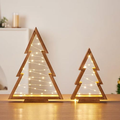 Mokof 2 Pack Wooden Tabletop Christmas Trees with Lights, Modern Christmas Decorations Indoor, Farmhouse Christmas Decor Small Tree for Table Top, Mantle, Shelf (Large-14.2 in, Small-10.2 in)