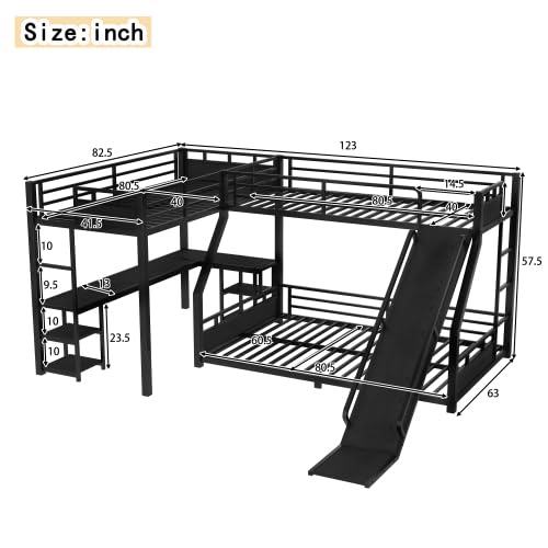 Metal Triple Bunk Beds with Slide, Desk and Storage Shelves, L-Shaped Twin XL Over Queen Bunk Bed with 2 Ladders and Guardrails for Kids Teens, Noise-Free Design (Black, Twin XL/Queen) CITYLIGHT