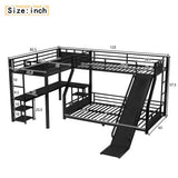 Metal Triple Bunk Beds with Slide, Desk and Storage Shelves, L-Shaped Twin XL Over Queen Bunk Bed with 2 Ladders and Guardrails for Kids Teens, Noise-Free Design (Black, Twin XL/Queen) CITYLIGHT