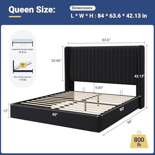 Allewie Queen Size Lift Up Storage Bed Frame, Hydraulic Support System, Upholstered Platform Bed Frame, Underneath Storage, Vertical Channel Tufted Headboard with Wingback, No Box Spring Needed, Black Allewie