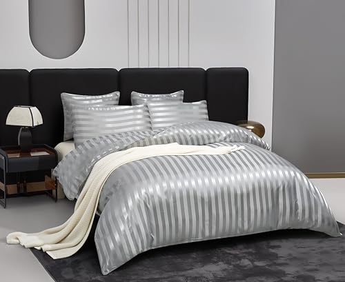 Arianaut Duvet Cover King Size Grey 5 Pieces Satin King Duvet Cover Luxury Coquette Silk Like Striped Grey Bedding Set Comforter Cover with Zipper Closure 1 Duvet Cover 4 Pillow Cases Arianaut