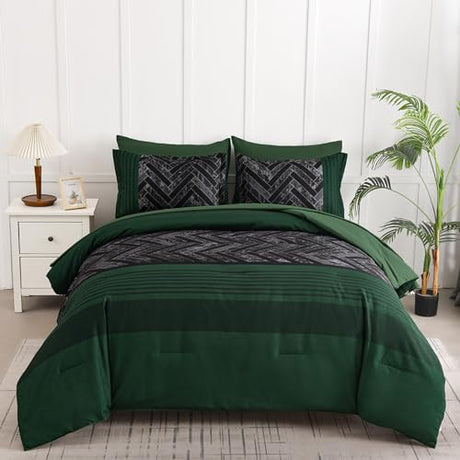 Luxudecor Emerald Green Comforter Set King Size, 7 Pieces Stripe Geometric Bed in a Bag, Soft Microfiber Forest Green Comforter and Sheet Set Complete Bedding Sets for All Seasons 104"×90" Luxudecor