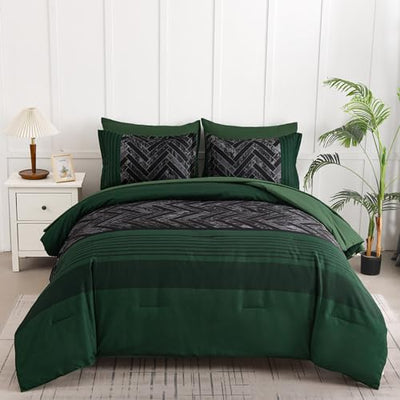 Luxudecor Emerald Green Comforter Set King Size, 7 Pieces Stripe Geometric Bed in a Bag, Soft Microfiber Forest Green Comforter and Sheet Set Complete Bedding Sets for All Seasons 104"×90"