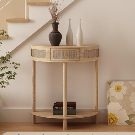 Wnutrees Rattan Half Moon Console Table, Modern Entryway Table with Drawer, Boho Sofa Table with Bottom Storage Shelf, Small Semicircular Tables for Hallway, Living Room, Natural Wnutrees