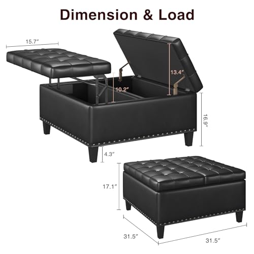 FiveWillowise Square Leather Ottoman with Storage, Faux Leather Coffee Table Ottoman with Lift Top, Large Upholstered Footrest Stool Toy Box Storage for Bedroom Living Room, Black FiveWillowise