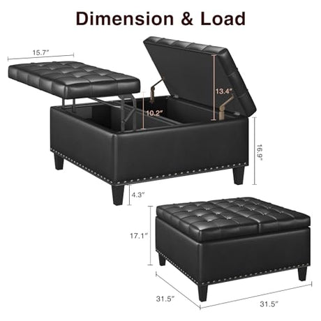 FiveWillowise Square Leather Ottoman with Storage, Faux Leather Coffee Table Ottoman with Lift Top, Large Upholstered Footrest Stool Toy Box Storage for Bedroom Living Room, Black FiveWillowise