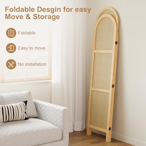 Svimi Folding Room Divider 3 Panels, 5.6 Ft Double Hinged Rattan and Pine Wood Privacy Screen, Freestanding Partition for Bedroom, Living Room, Home Office Decor (Natural-Wave, 3 Panels) Svimi