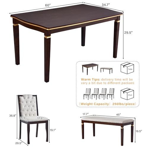 Merax 6-Piece Kitchen Dining Table Set, 60" Rectangular Table with 4 High-Back Tufted Upholstered Chairs & 1 Bench, Rubberwood Legs Modern Elegant Farmhouse for Kitchen Room, Espresso Merax