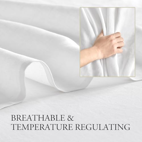 DAPU Pure Linen Sheets Set, 100% French Linen From Normandy, Breathable and Durable For Hot Sleepers, 4 Pcs Set - 1 Flat Sheet, 1 Fitted Sheet, 2 Pillowcases (White, Queen) DAPU