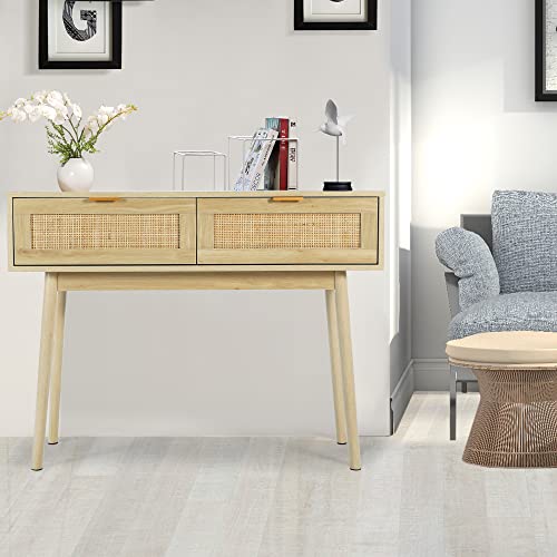 HOPUBUY Console Table Rattan Desk with Drawers, Oak Narrow Sofa Table with Pine Leg, Modern Small Entryway Table for Hallway and Living Room, 39" Rustic Natural - WoodArtSupply