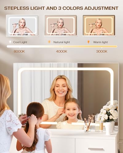 LIVELYGLOW Makeup Vanity Desk Set, White, 35.4“W x 15.7" D x 53.9" H (Large Smart LED Mirror, with Cushion Stool, Hairdryer Rack, Power-Outlet, 4 Drawers) LIVELYGLOW