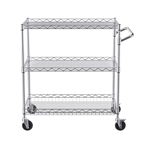 VEVOR Kitchen Utility Cart, 3 Tiers, Wire Rolling Cart with 661 LBS Capacity, Steel Service Cart on Wheels, Metal Storage Trolley with 80 mm Deep Basket Curved Handle 6 Hooks, NSF Listed