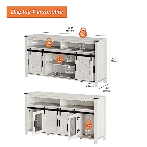 WAMPAT Rustic White Farmhouse Coffee Bar Cabinet with Sliding Barn Doors and Adjustable Storage WAMPAT