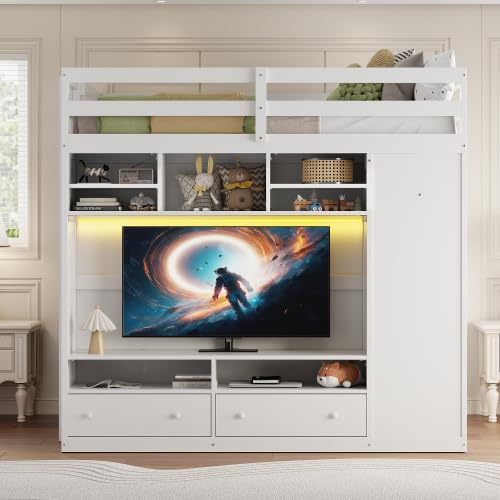 Harper & Bright Designs Full Size High Loft Bed with Drawers & Shelves, Wooden Loft Bed Frame with Wardrobe & LED Light for Kids & Teens (White) Harper & Bright Designs