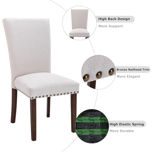 COLAMY Upholstered Parsons Dining Chairs Set of 2, Fabric Dining Room Kitchen Side Chair with Nailhead Trim and Wood Legs - Beige COLAMY
