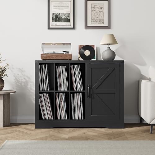 GarveeHome Farmhouse Record Player Stand with Barn Doors, 39.4" Turntable Table with Display Shelves, Wooden Media Console & LP Record Holder for Living Room, Black GarveeHome