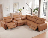 AMERLIFE Power Recliner Sectional Sofa with Storage/USB Port, Leather Recliner Sofa with Adjustable Headrest, Reclining Sectional Couches with Console and Cup Holder for Living Room (Brown, 5-Seater)
