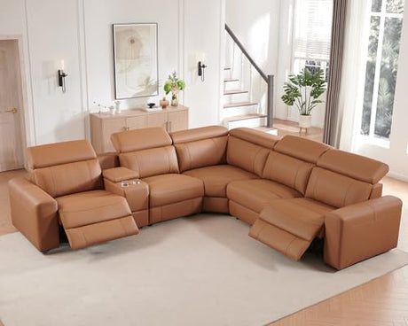 AMERLIFE Power Recliner Sectional Sofa with Storage/USB Port, Leather Recliner Sofa with Adjustable Headrest, Reclining Sectional Couches with Console and Cup Holder for Living Room (Brown, 5-Seater) AMERLIFE