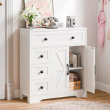 Vabches Farmhouse Storage Cabinet with 2 Doors and 4 Drawers, Freestanding Bathroom Storage Cabinet Kitchen Pantry, Floor Hutch Cupboard for Living Room/Bathroom/Kitchen,(Unique White) Vabches